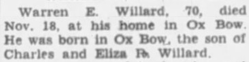 Warren E. Willard Obituary Excerpt (BDN 30 Nov 1945)