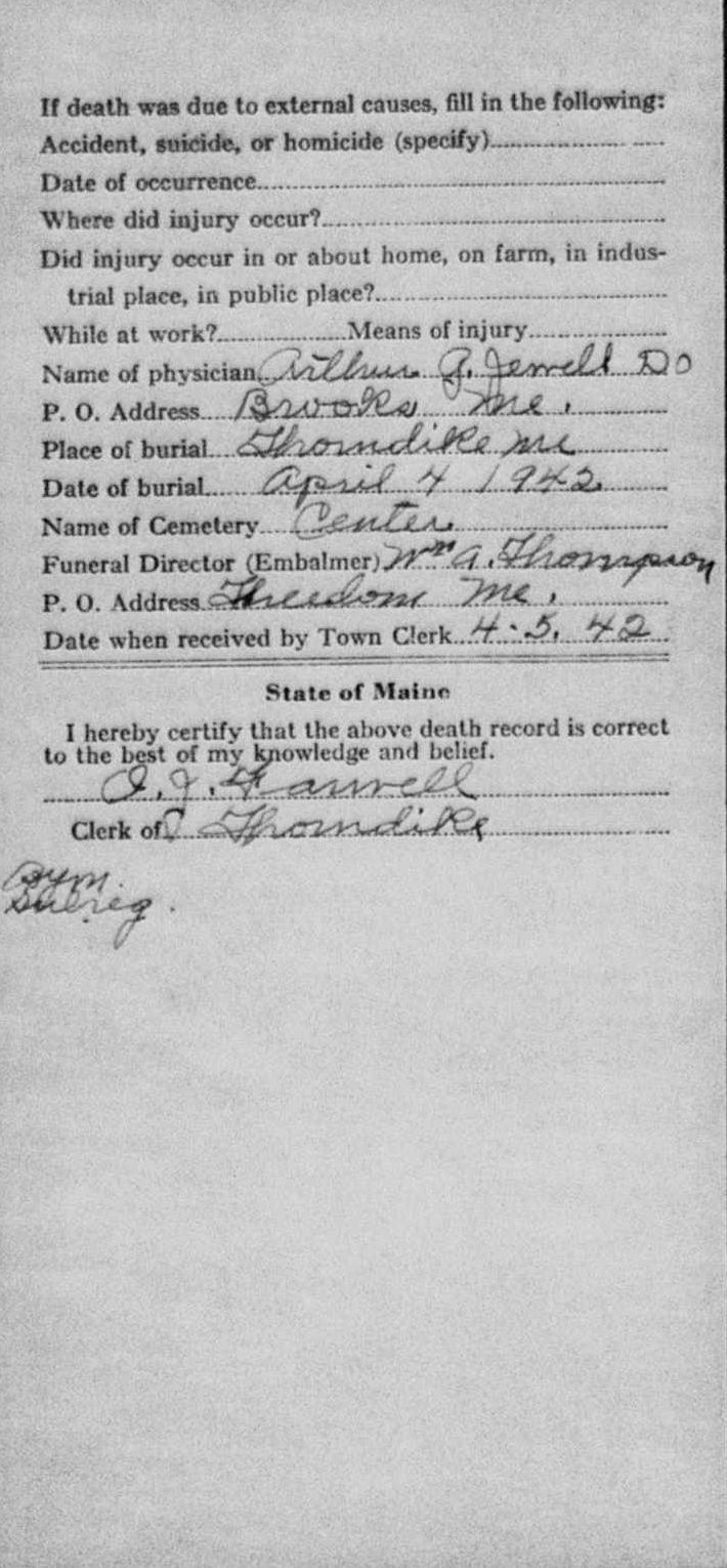 Maine Death Record - Salena I. Merry (back) Maine Death Record - Salena I. Merry (back)