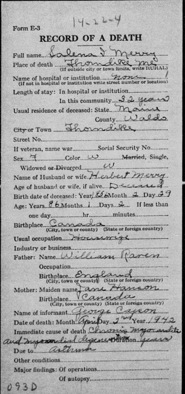 Maine Death Record - Salena I. Merry (front) Maine Death Record - Salena I. Merry (front)